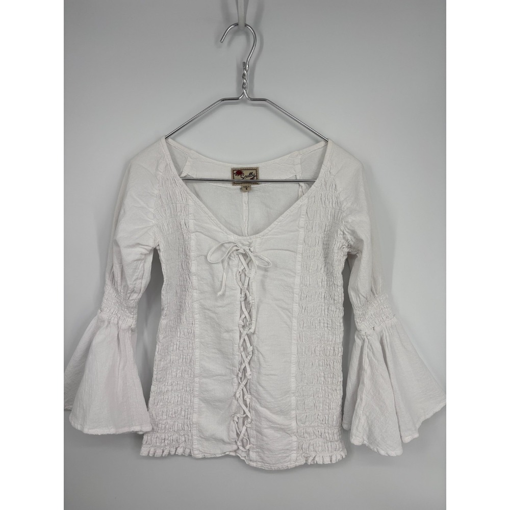 Scully Blouse Womens S White Smocked Bell Sleeves Lace Up Western Festival
